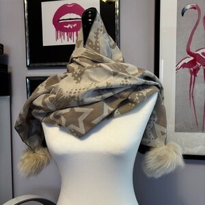 Mitchie’s Beige Star Scarf /Stole with Fur Pom Poms 70 x 12 inches